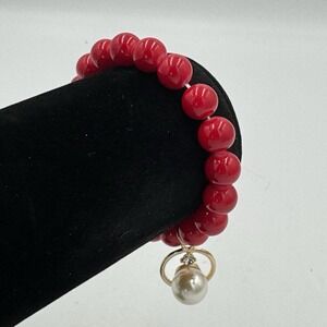 Red Beaded Stretch Bracelet With Dangle Pearl Charm